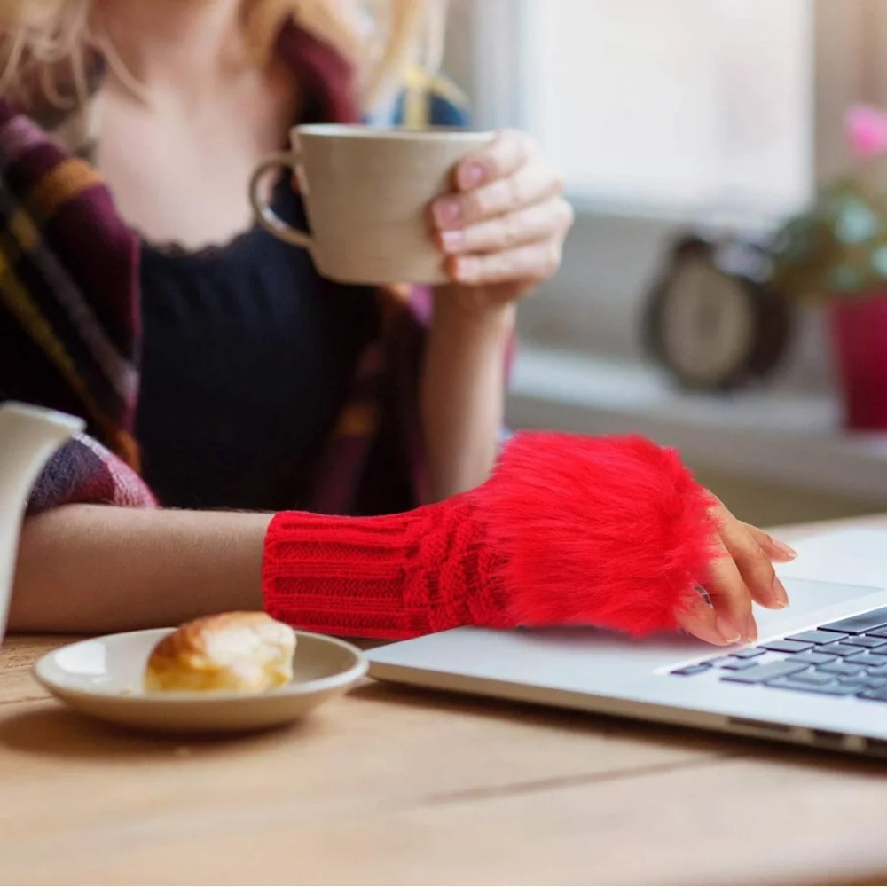 Red Short Plush Knit Gloves, Thick Warm Fingerless Gloves, Autumn